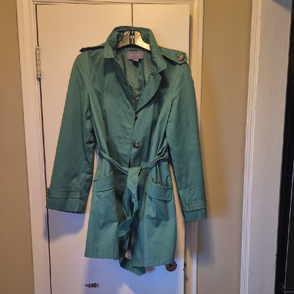 Ann Taylor Green Trench Coat with Tie Belt